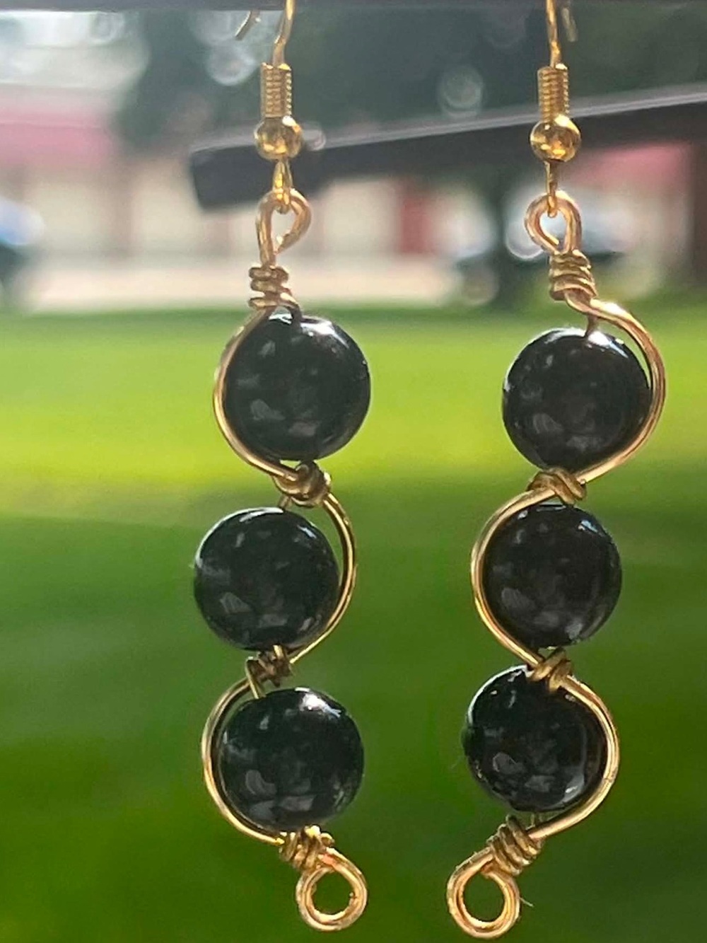 Gold Wire Wrapped Black Bead dangle Earrings